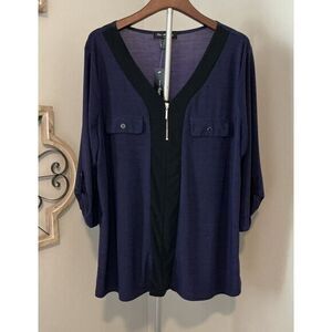 ELIE McCARTHY Pullover V-Neck Zipper 3/4 Sleeve Top Purple Black - 3XL NWT